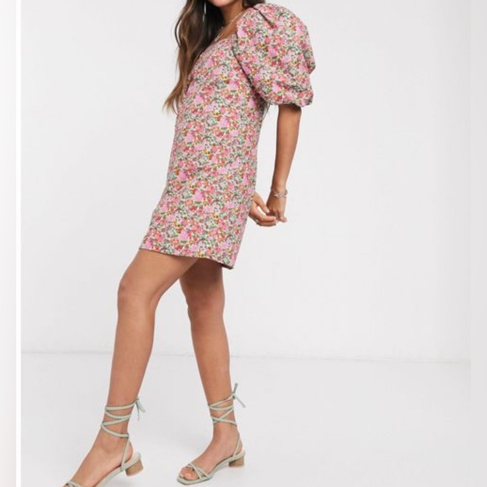 MNG Mini Dress Floral Voluminous Puff Sleeve Cotton Pink/Red Size 4 Blogger Fave - Picture 9 of 9